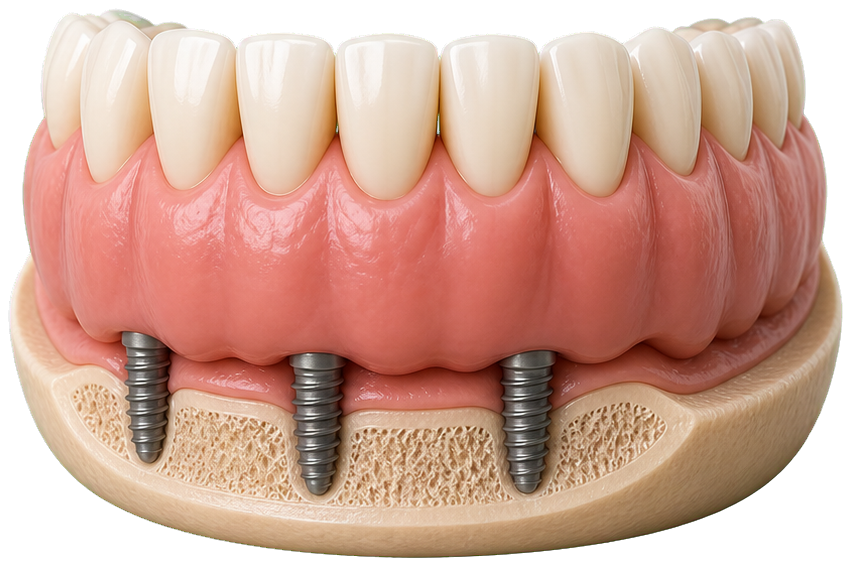 Full arch bridge with jawbone ridge height loss requiring more visible prosthetic gumline bulk