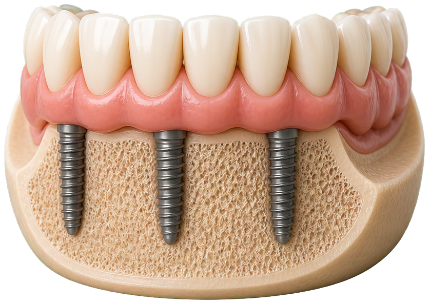 Full arch bridge with stronger jawbone ridge support and less visible prosthetic gumline bulk