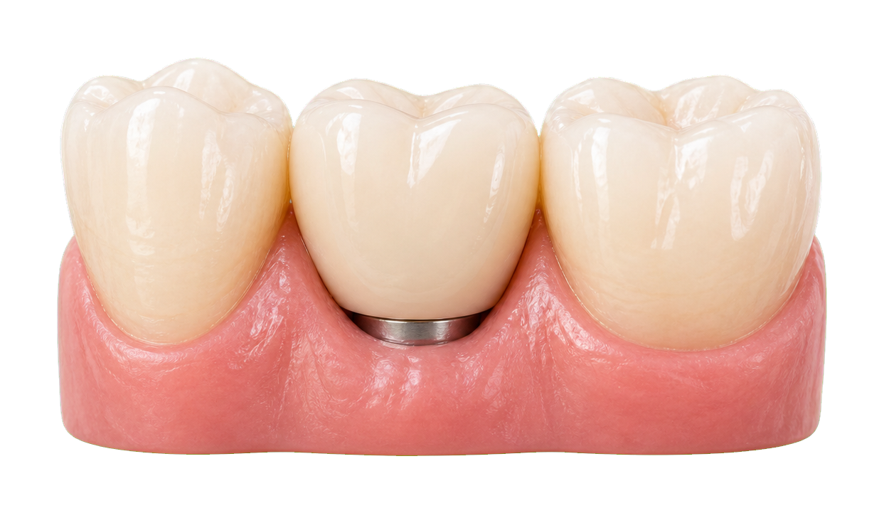 Transparent single dental implant with final crown.