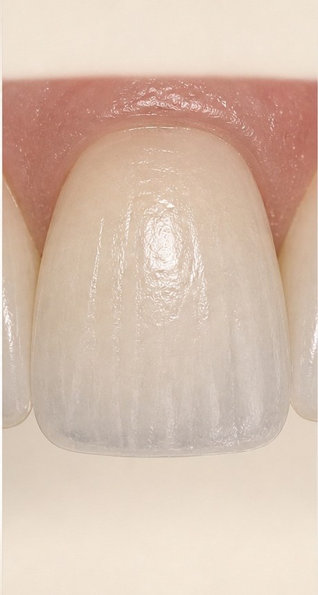 Close-up feldspathic porcelain veneer surface showing layered translucency and fine texture.