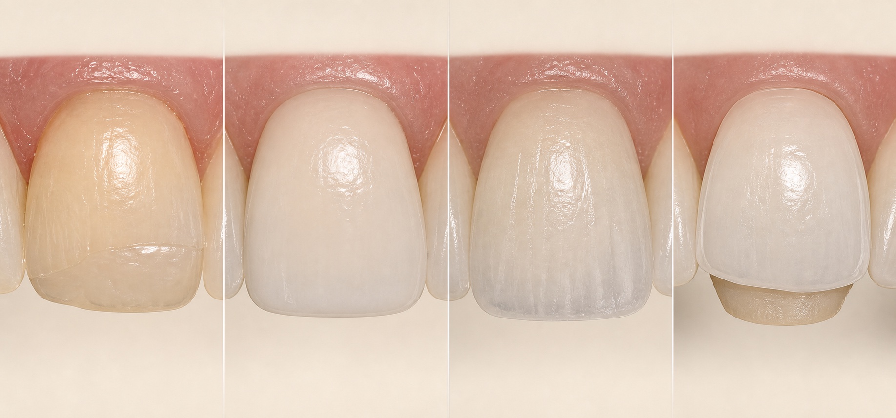 Four close-up veneer material surfaces showing differences in warmth, opacity, translucency and additive shell thickness.