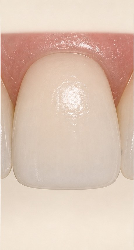Close-up lithium disilicate veneer surface showing smooth ceramic polish and controlled opacity.