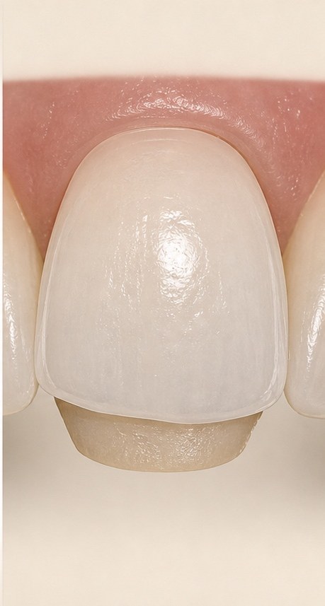 Close-up no-prep ceramic veneer shell showing additive thickness over the tooth surface.